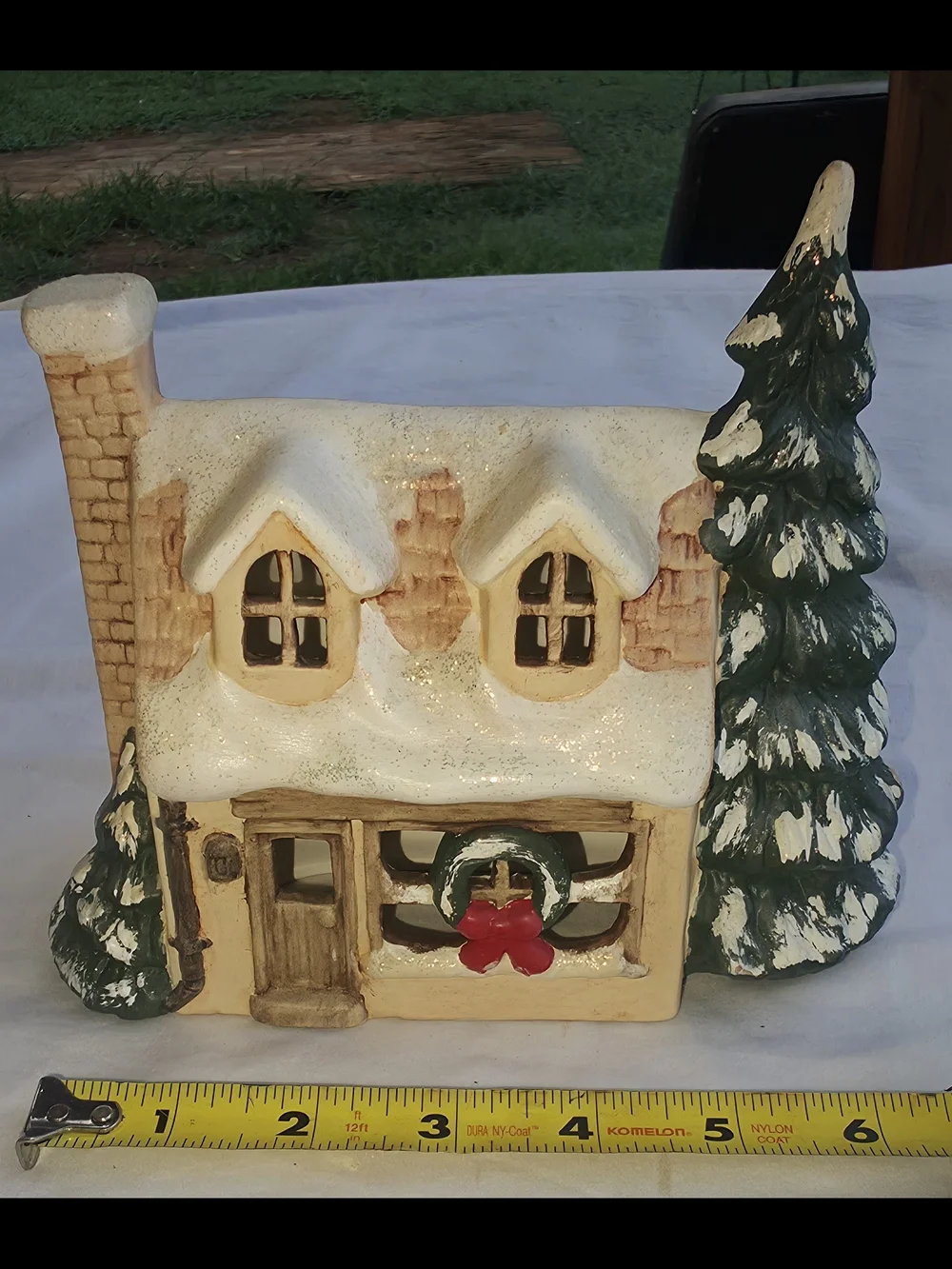 Holiday Snowy Cottage Figurine with Green Tree - Home Holiday